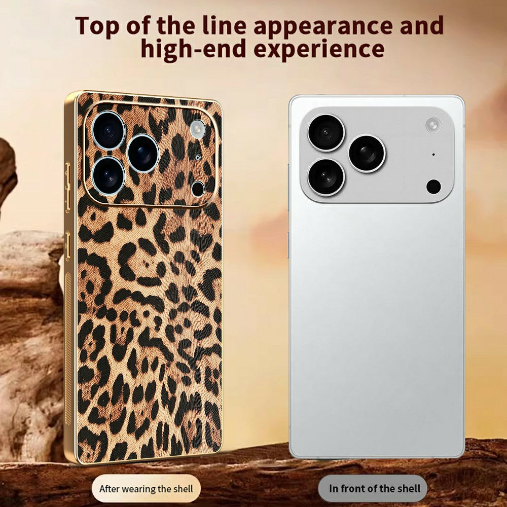 For iPhone 17 Pro Max Case Leopard Print PU Leather Coated PC + TPU Electroplating Phone Cover
