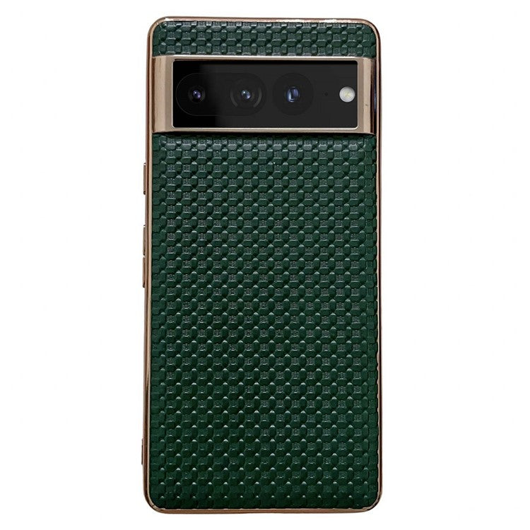 For Google Pixel 7 Pro 5G Anti-fall Textured Genuine Leather Coated TPU Phone Case Nano Electroplating Cell Phone Back Cover - Green