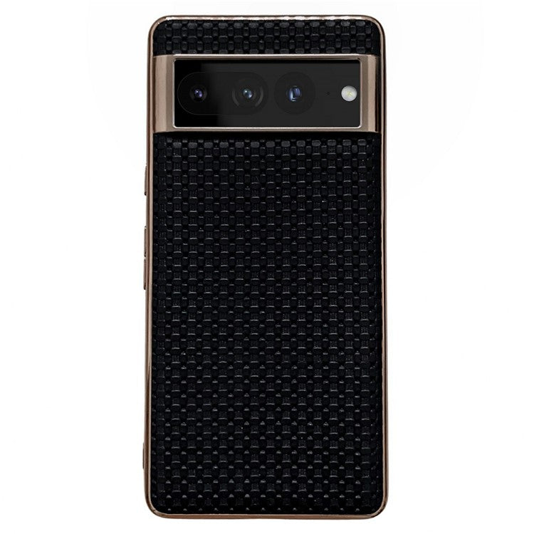 For Google Pixel 7 Pro 5G Anti-fall Textured Genuine Leather Coated TPU Phone Case Nano Electroplating Cell Phone Back Cover - Black