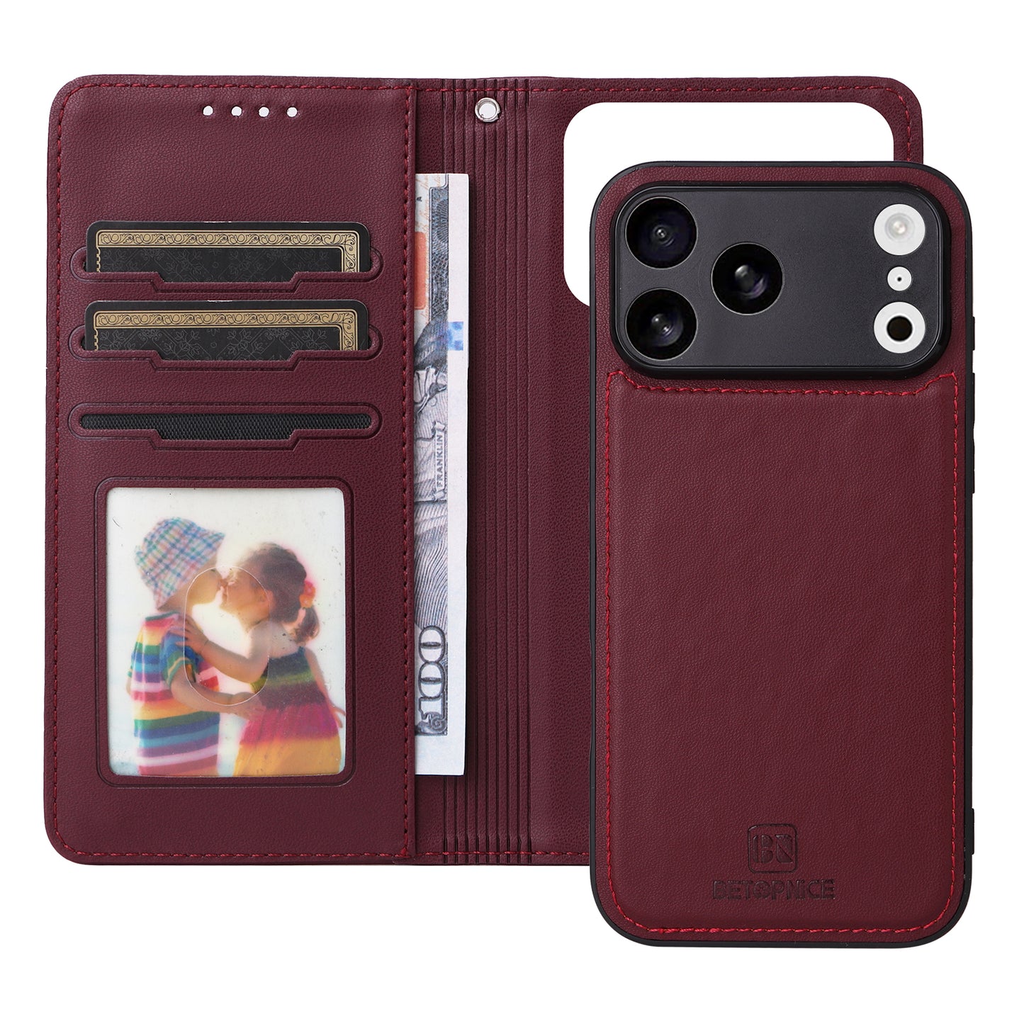 For iPhone 17 Pro Max Magnetic Case BETOPNICE Detachable PU Leather Phone Cover with Strap - Red