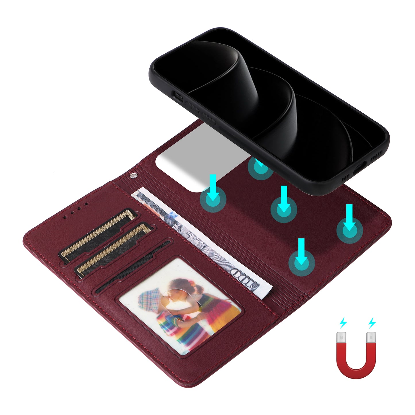 For iPhone 17 Pro Max Magnetic Case BETOPNICE Detachable PU Leather Phone Cover with Strap - Red