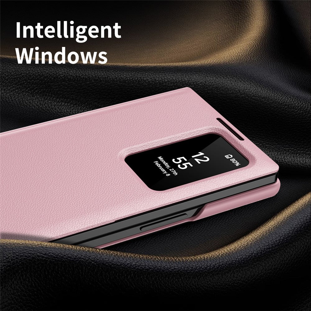 For Samsung Galaxy Z Fold7 5G Case with Card Holder Smart View Window Leather Phone Cover - Pink
