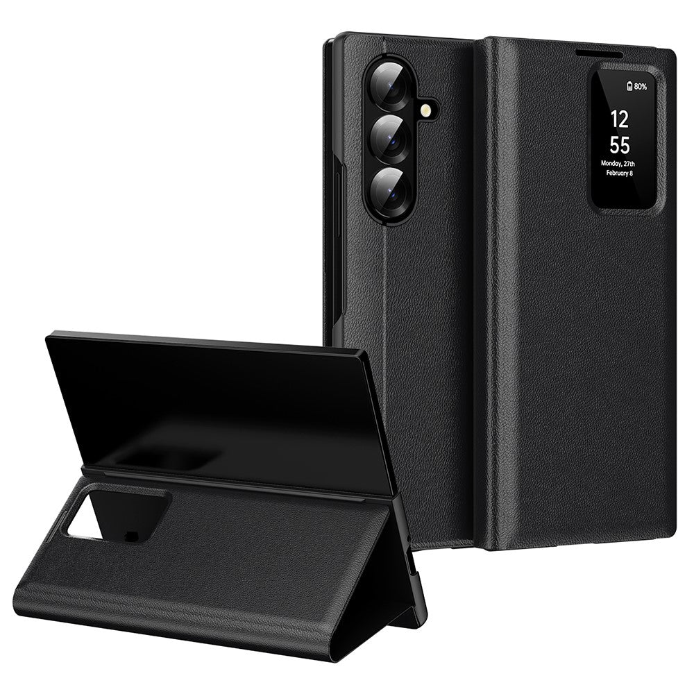 For Samsung Galaxy Z Fold7 5G Case with Card Holder Smart View Window Leather Phone Cover - Black
