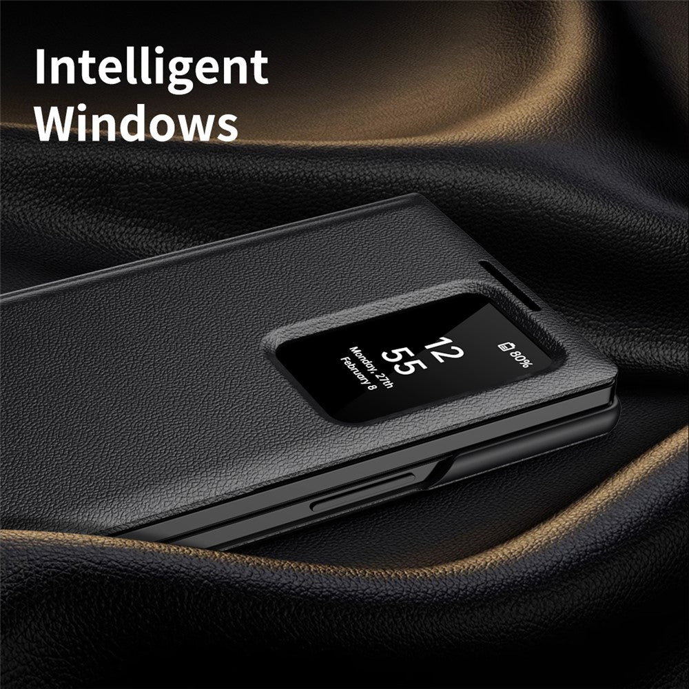 For Samsung Galaxy Z Fold7 5G Case with Card Holder Smart View Window Leather Phone Cover - Black