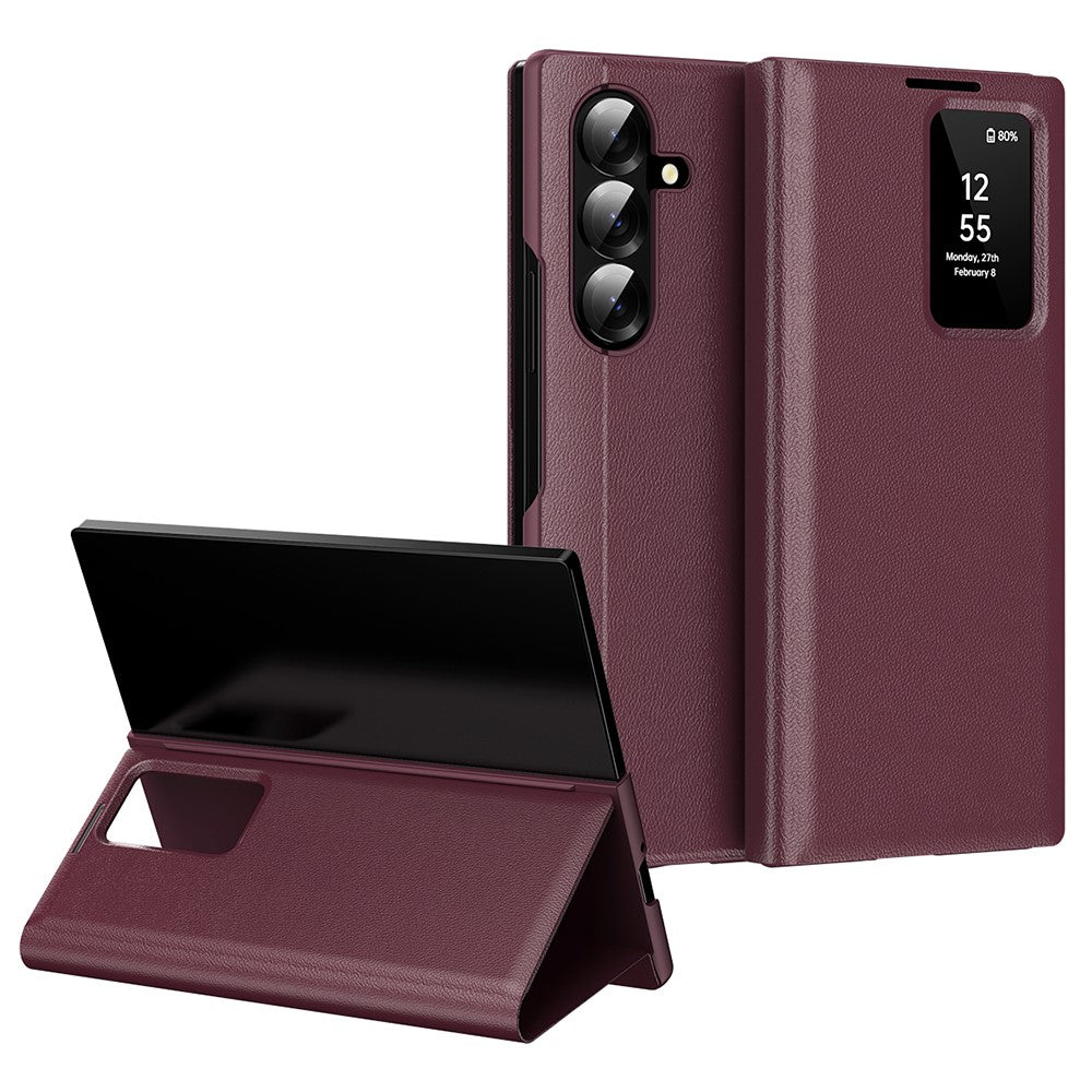 For Samsung Galaxy Z Fold7 5G Case with Card Holder Smart View Window Leather Phone Cover - Wine Red