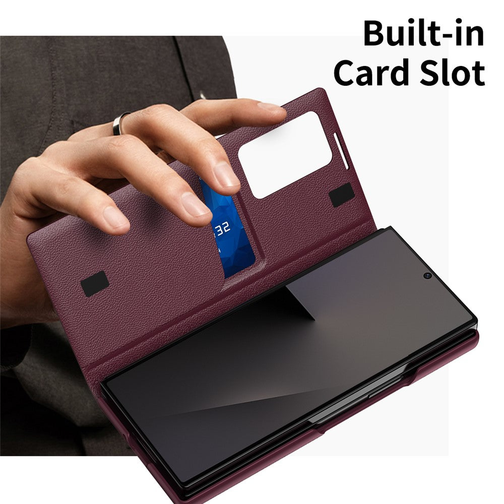 For Samsung Galaxy Z Fold7 5G Case with Card Holder Smart View Window Leather Phone Cover - Wine Red
