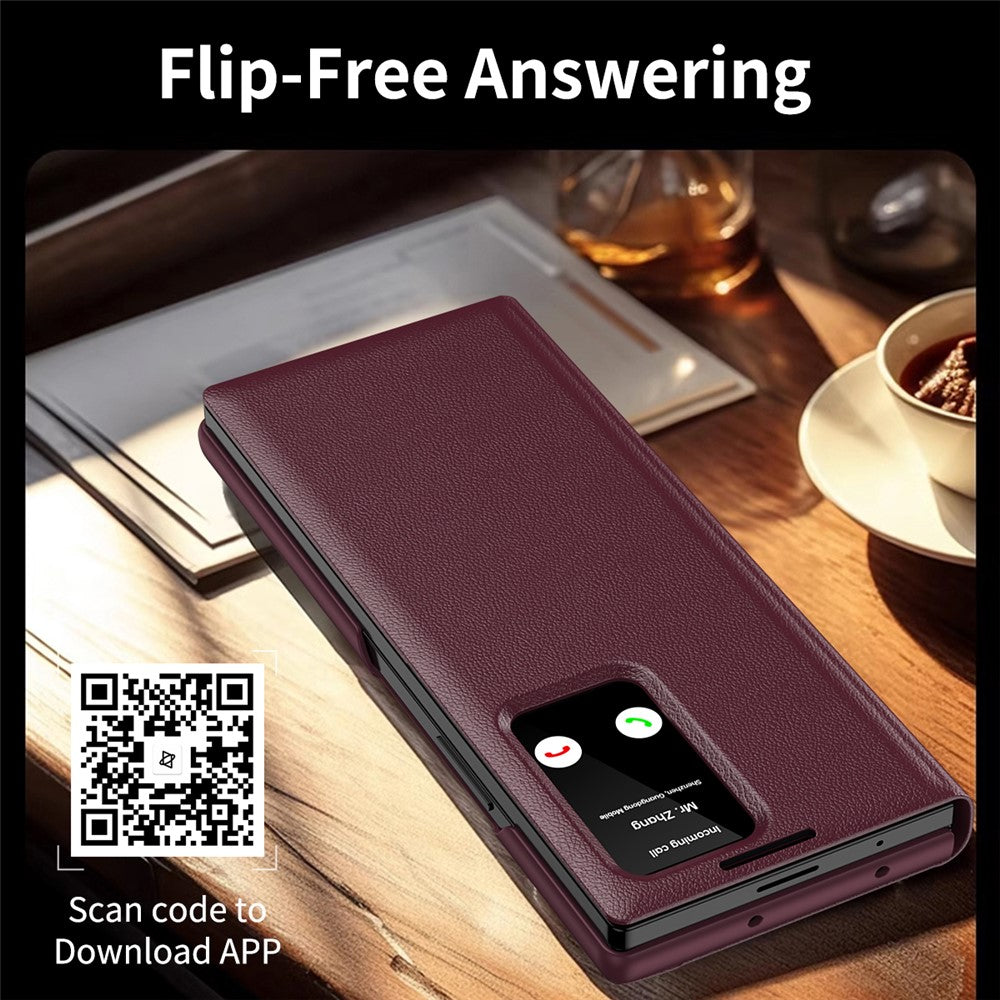 For Samsung Galaxy Z Fold7 5G Case with Card Holder Smart View Window Leather Phone Cover - Wine Red