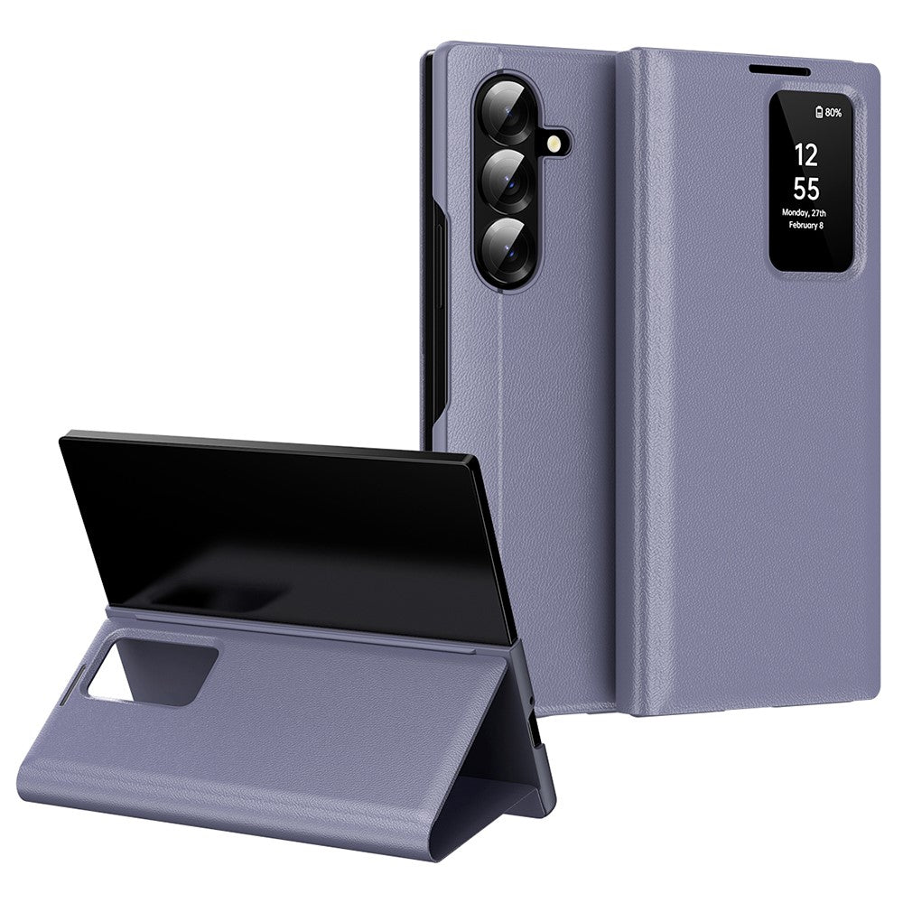 For Samsung Galaxy Z Fold7 5G Case with Card Holder Smart View Window Leather Phone Cover - Lavender Grey