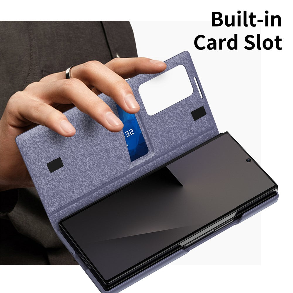 For Samsung Galaxy Z Fold7 5G Case with Card Holder Smart View Window Leather Phone Cover - Lavender Grey