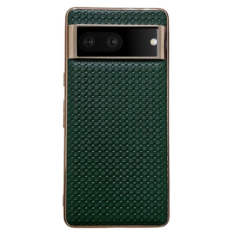 For Google Pixel 7 5G Cell Phone Back Shell, Textured Genuine Leather Coated TPU Phone Case Nano Electroplating Protective Cover - Green