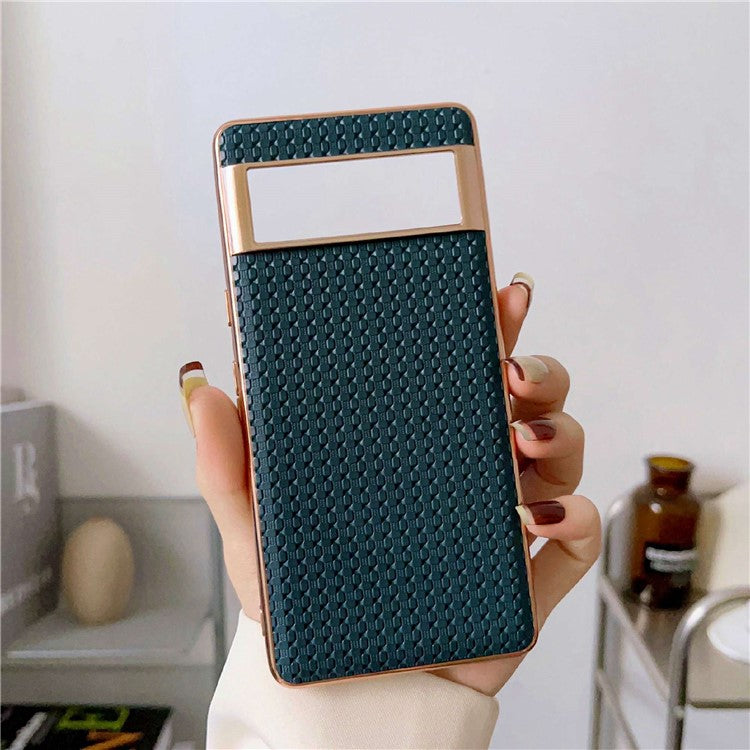 For Google Pixel 7 5G Cell Phone Back Shell, Textured Genuine Leather Coated TPU Phone Case Nano Electroplating Protective Cover - Blue