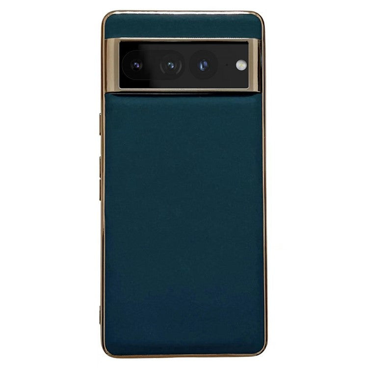 Cell Phone Back Cover for Google Pixel 7 Pro 5G, Nano Electroplating Genuine Leather Coated TPU Phone Case - Blue