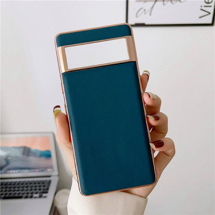 Cell Phone Back Cover for Google Pixel 7 Pro 5G, Nano Electroplating Genuine Leather Coated TPU Phone Case - Blue