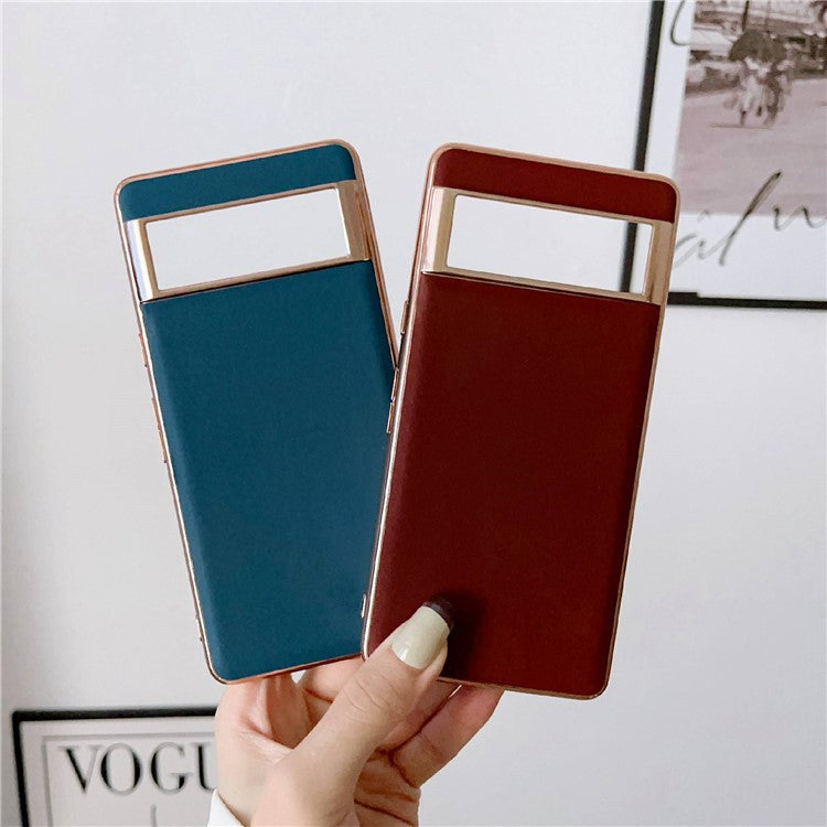 Cell Phone Back Cover for Google Pixel 7 Pro 5G, Nano Electroplating Genuine Leather Coated TPU Phone Case - Coffee