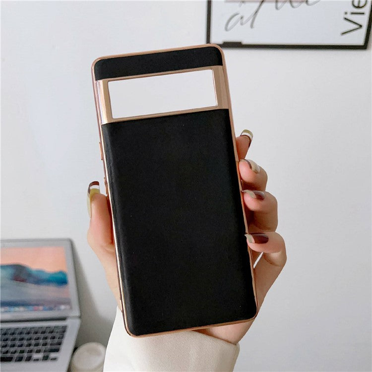 Cell Phone Back Cover for Google Pixel 7 5G, Drop Protection Nano Electroplating Genuine Leather Coated TPU Phone Case - Black