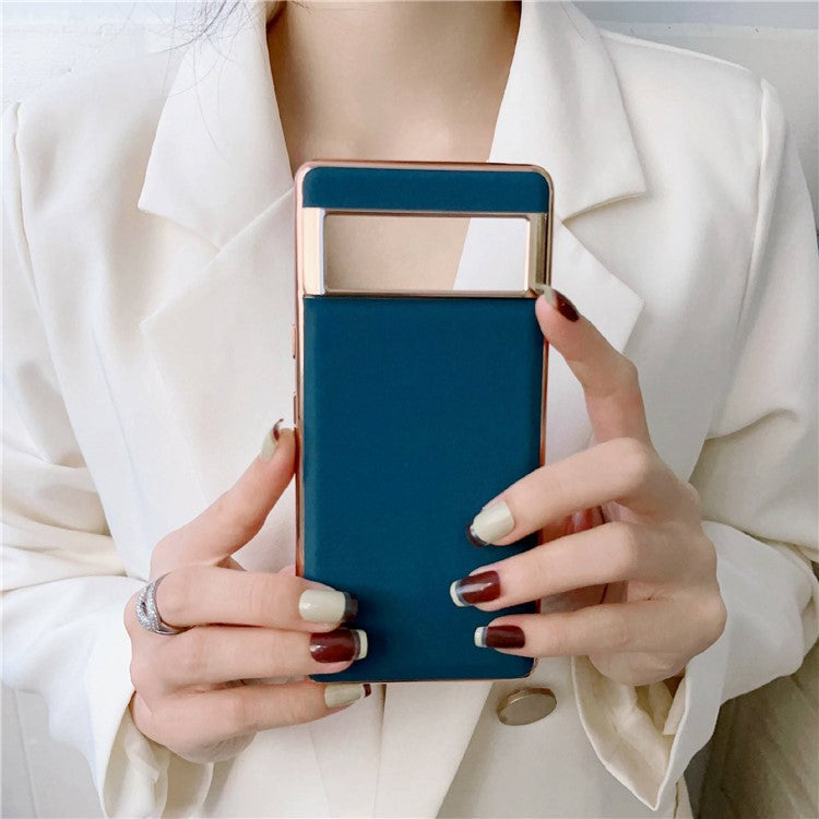 Cell Phone Back Cover for Google Pixel 7 5G, Drop Protection Nano Electroplating Genuine Leather Coated TPU Phone Case - Blue