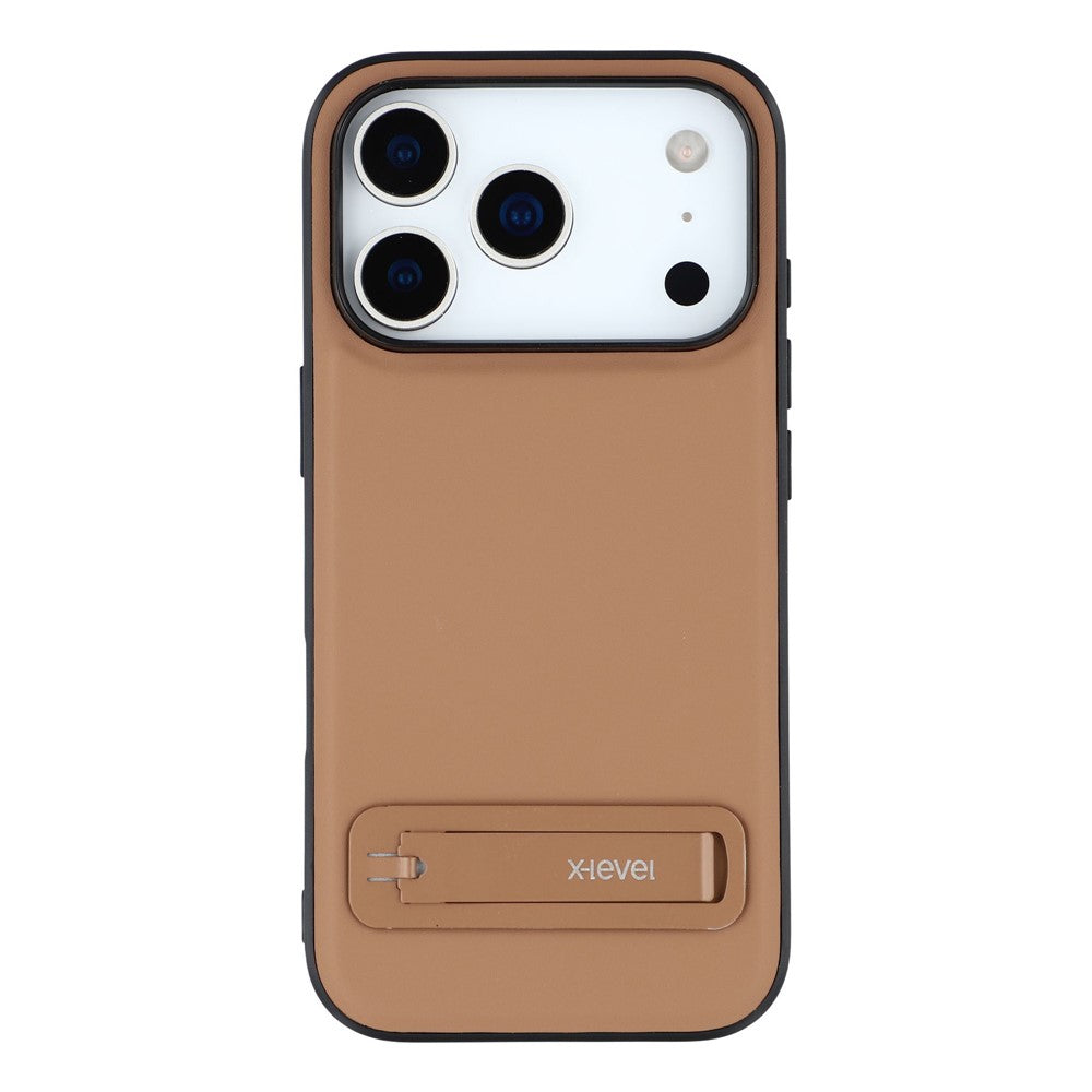 X-LEVEL For iPhone 17 Pro Max Case Leather Coated PC TPU Phone Back Cover with Metal Kickstand - Brown