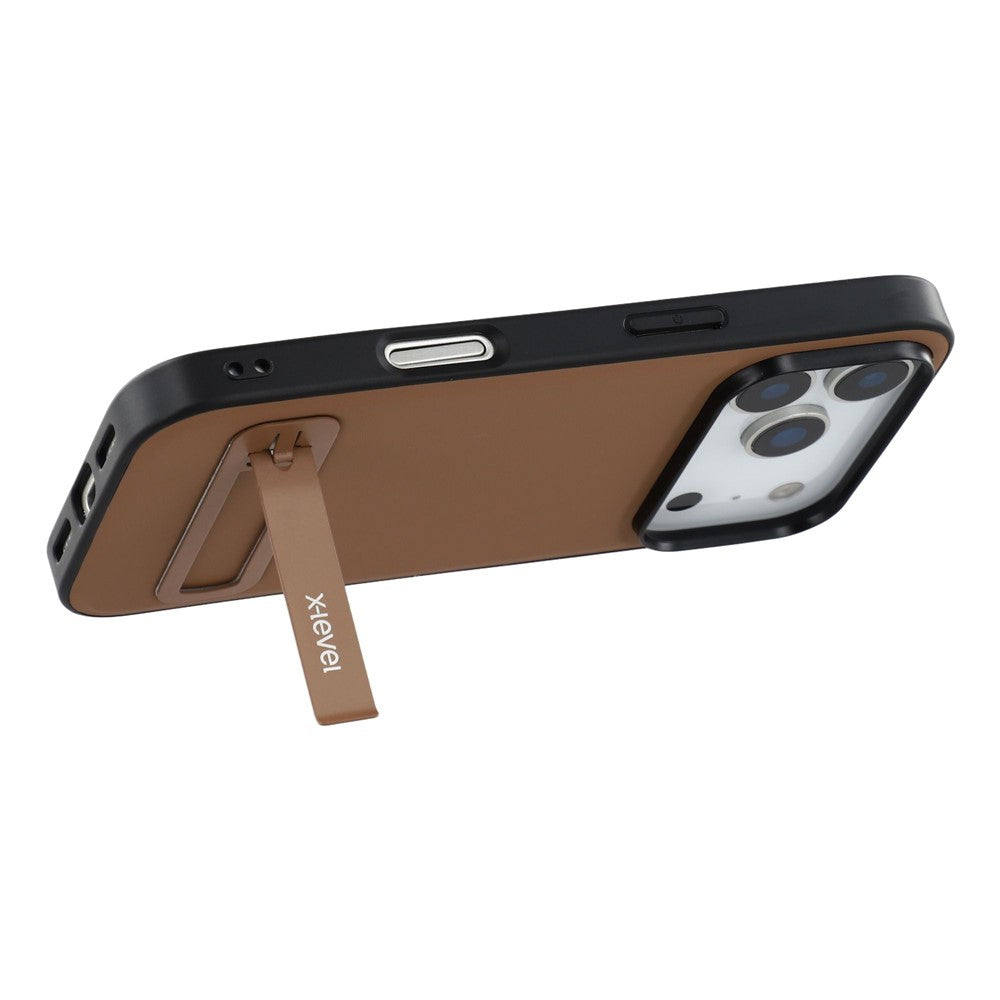 X-LEVEL For iPhone 17 Pro Max Case Leather Coated PC TPU Phone Back Cover with Metal Kickstand - Brown