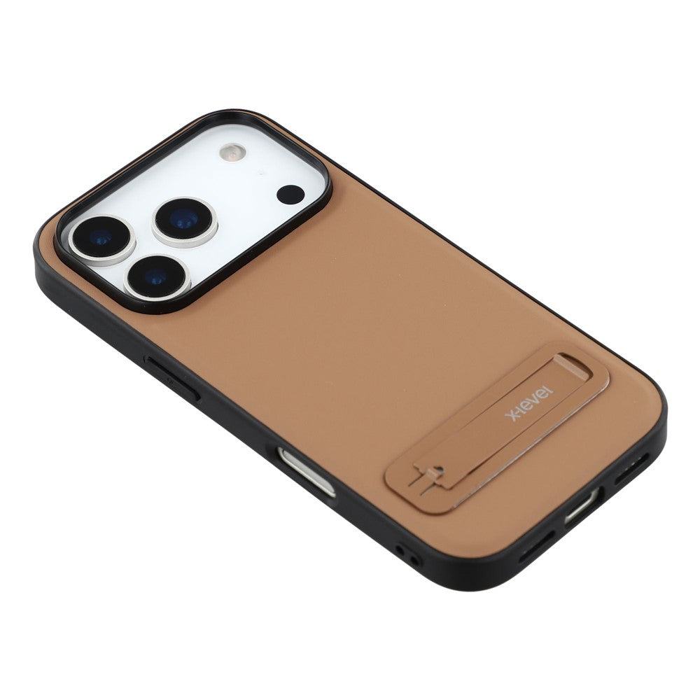 X-LEVEL For iPhone 17 Pro Max Case Leather Coated PC TPU Phone Back Cover with Metal Kickstand - Brown