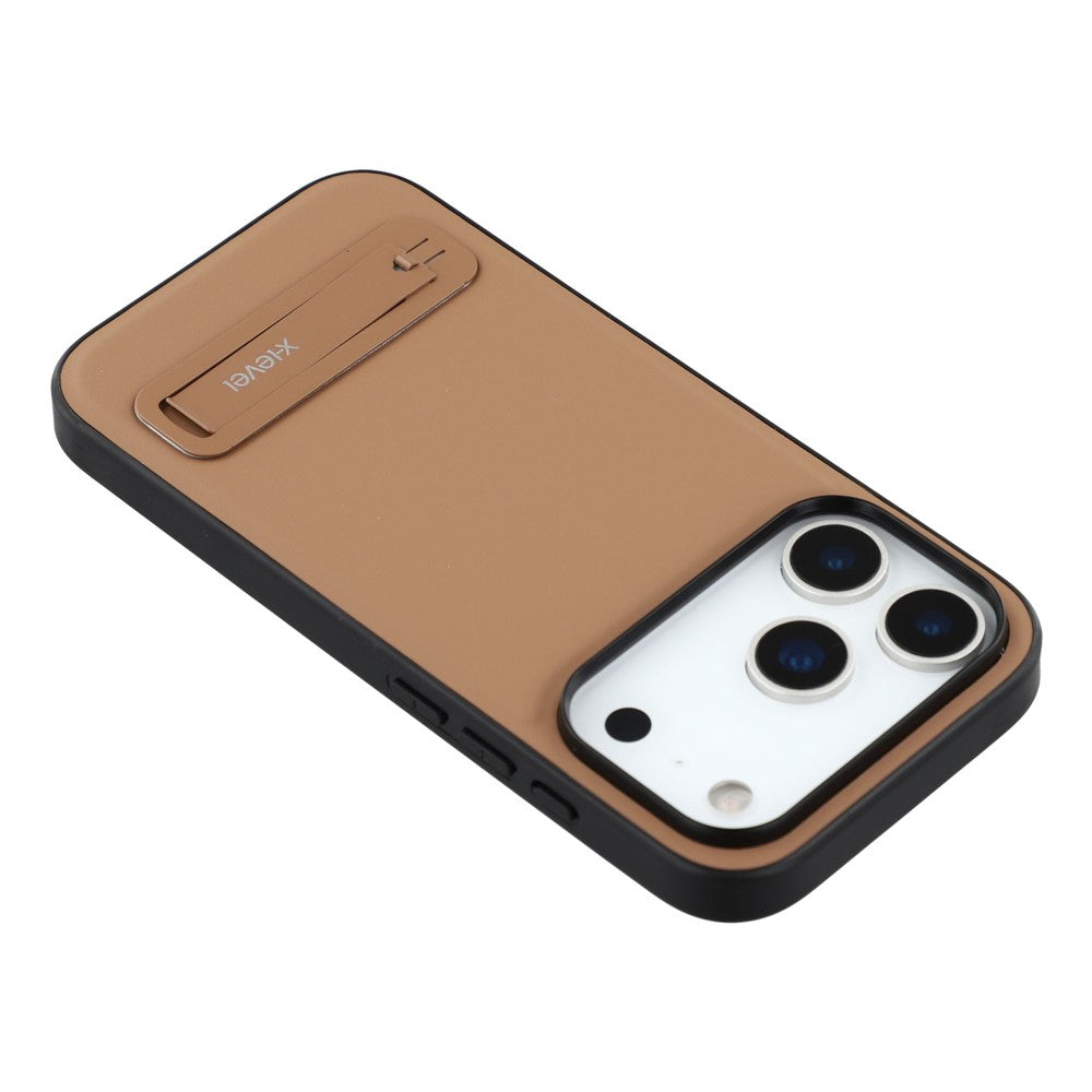 X-LEVEL For iPhone 17 Pro Max Case Leather Coated PC TPU Phone Back Cover with Metal Kickstand - Brown