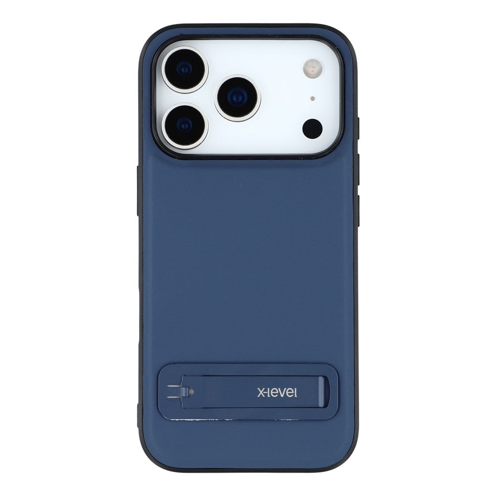 X-LEVEL For iPhone 17 Pro Max Case Leather Coated PC TPU Phone Back Cover with Metal Kickstand - Blue