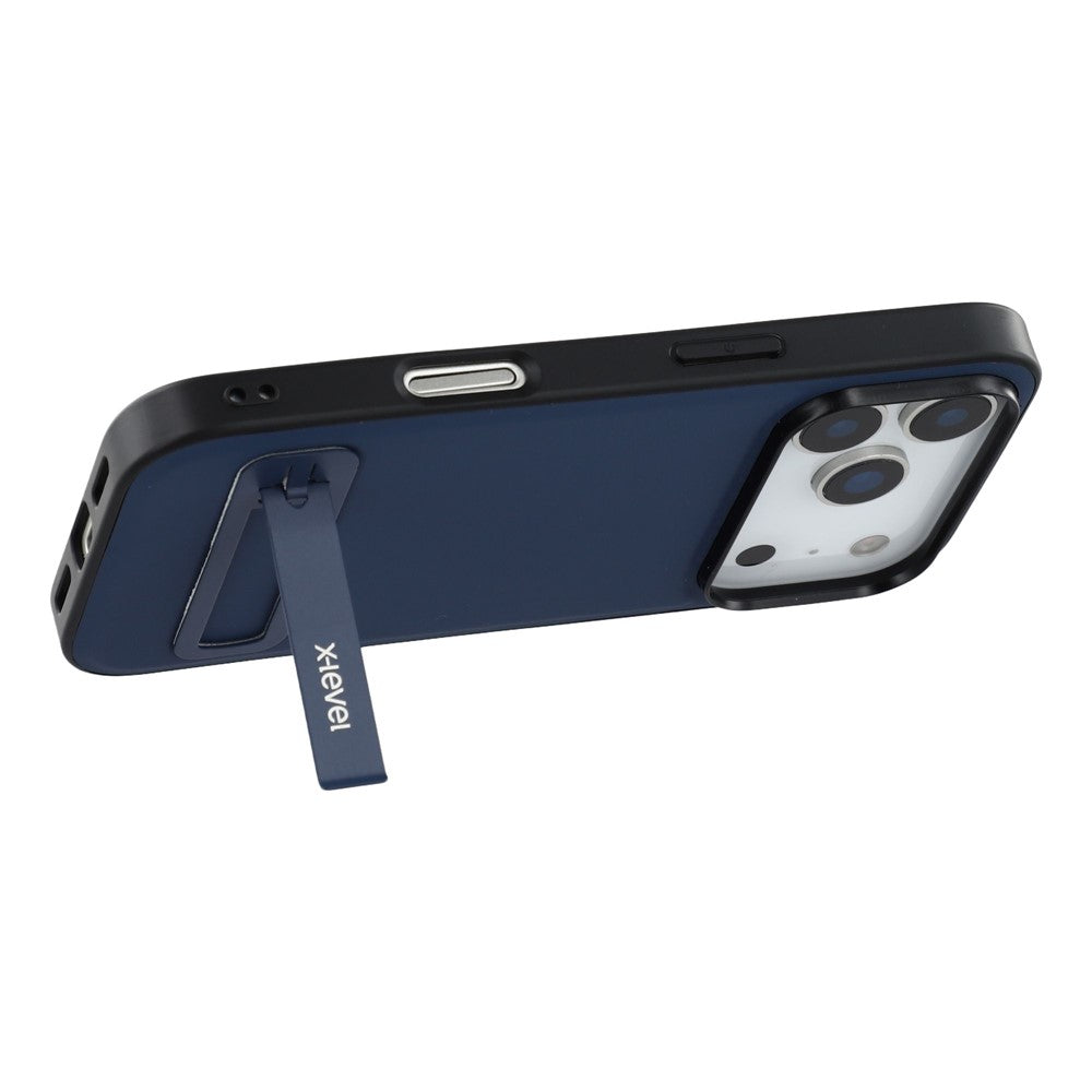 X-LEVEL For iPhone 17 Pro Max Case Leather Coated PC TPU Phone Back Cover with Metal Kickstand - Blue