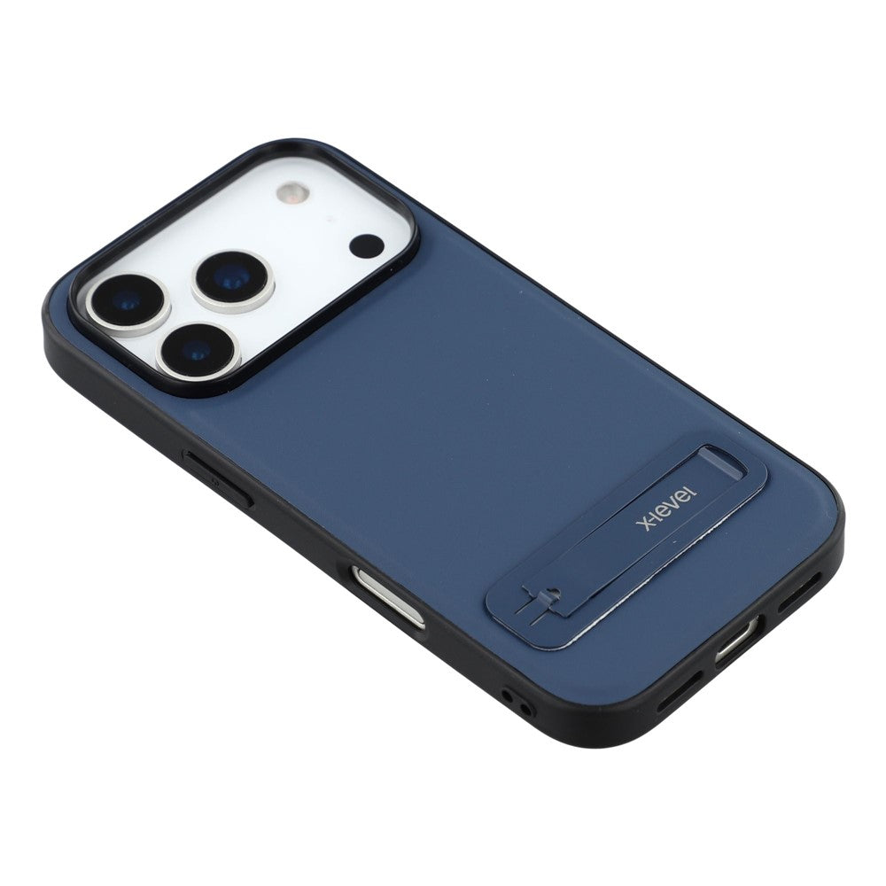 X-LEVEL For iPhone 17 Pro Max Case Leather Coated PC TPU Phone Back Cover with Metal Kickstand - Blue