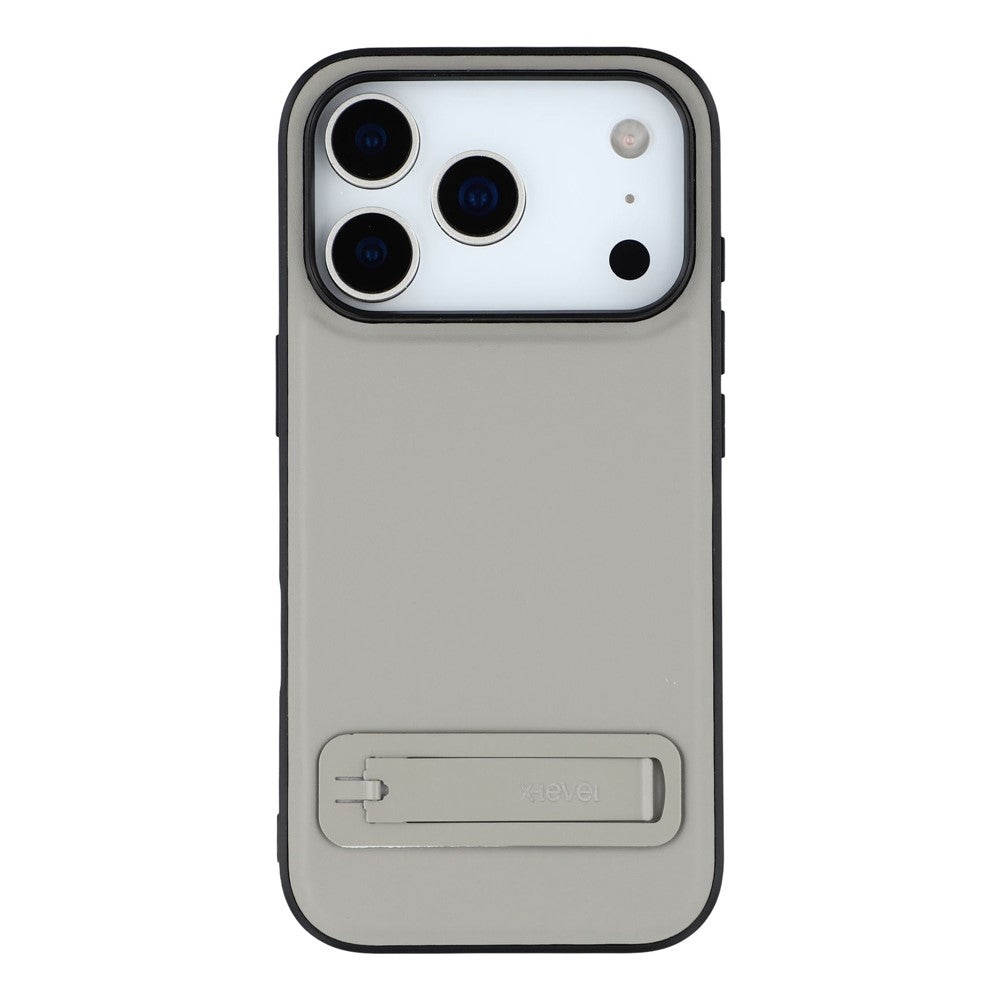 X-LEVEL For iPhone 17 Pro Max Case Leather Coated PC TPU Phone Back Cover with Metal Kickstand - Grey