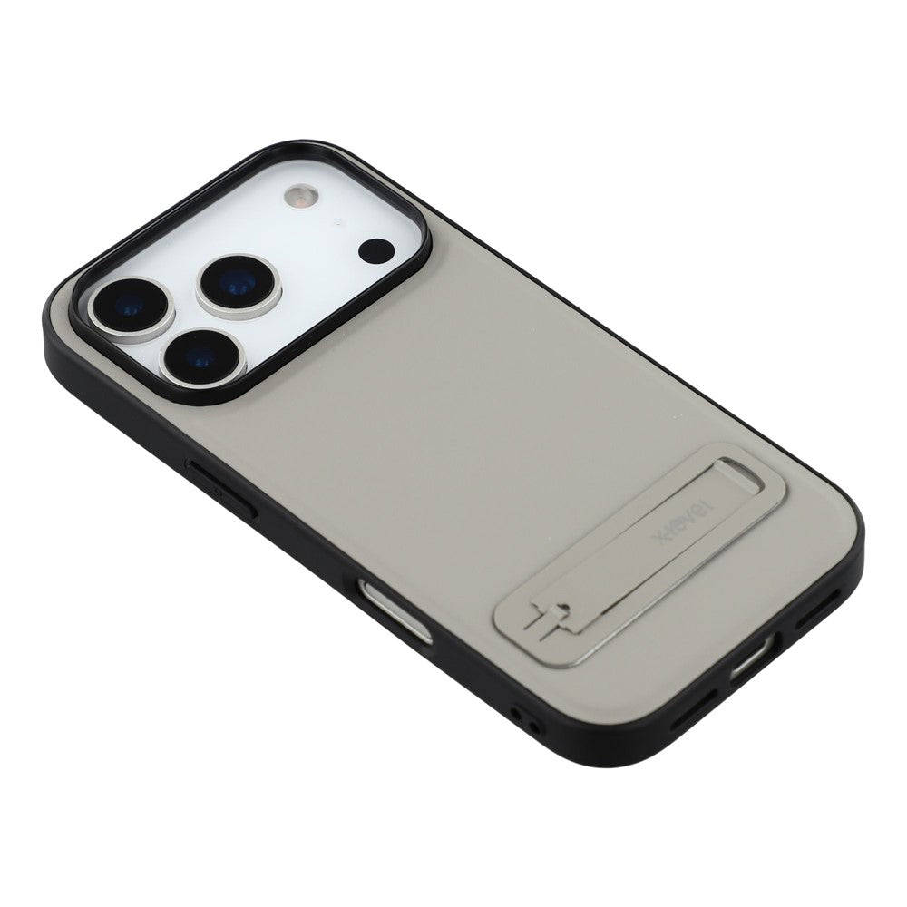 X-LEVEL For iPhone 17 Pro Max Case Leather Coated PC TPU Phone Back Cover with Metal Kickstand - Grey