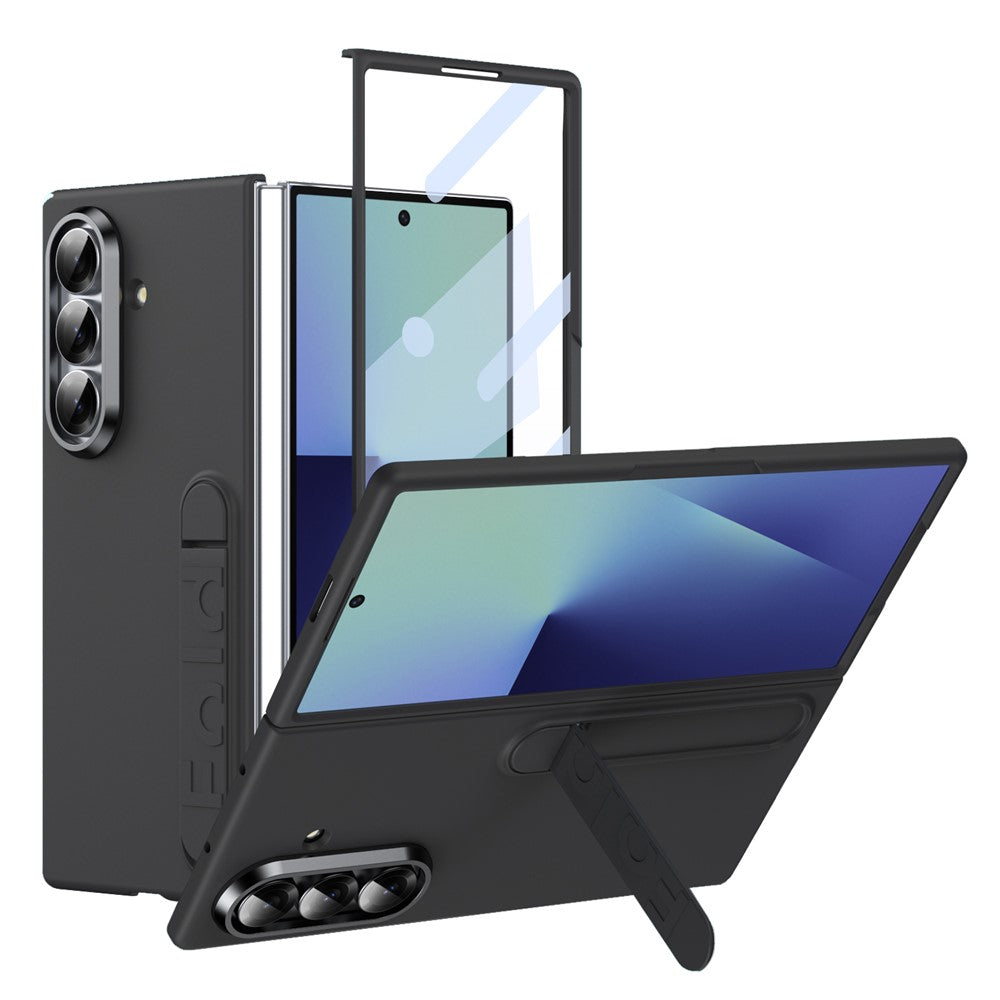 For Samsung Galaxy Z Fold7 5G Phone Case Kickstand PC Cover with Tempered Glass Screen Protector - Black