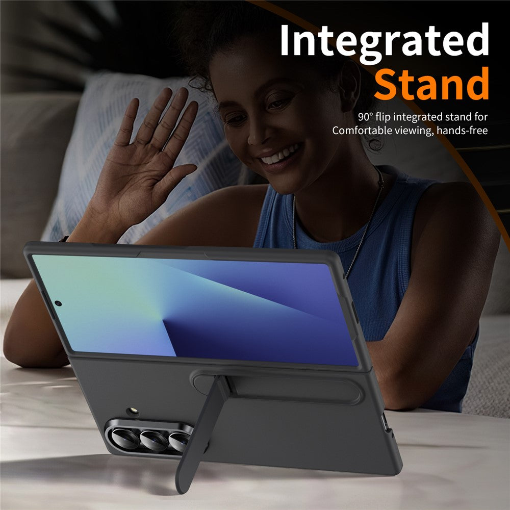 For Samsung Galaxy Z Fold7 5G Phone Case Kickstand PC Cover with Tempered Glass Screen Protector - Black