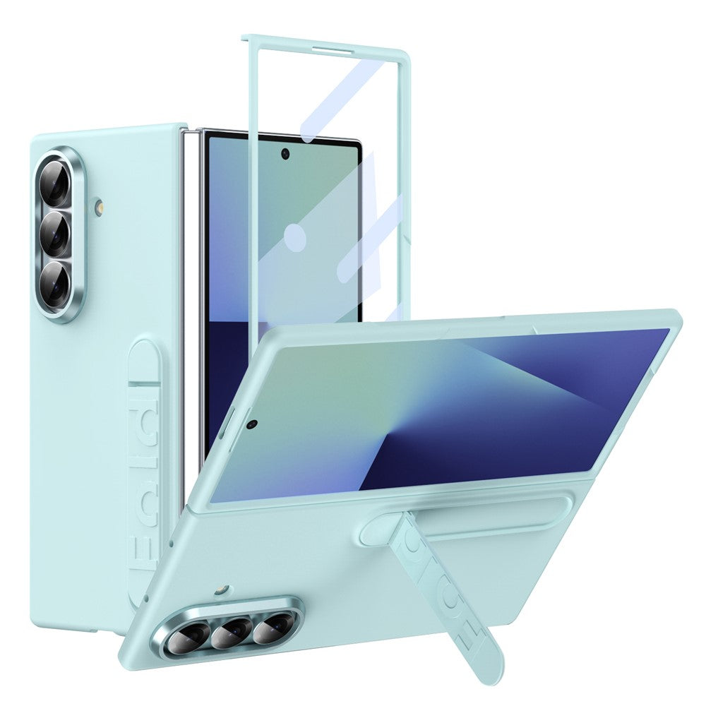 For Samsung Galaxy Z Fold7 5G Phone Case Kickstand PC Cover with Tempered Glass Screen Protector - Cyan