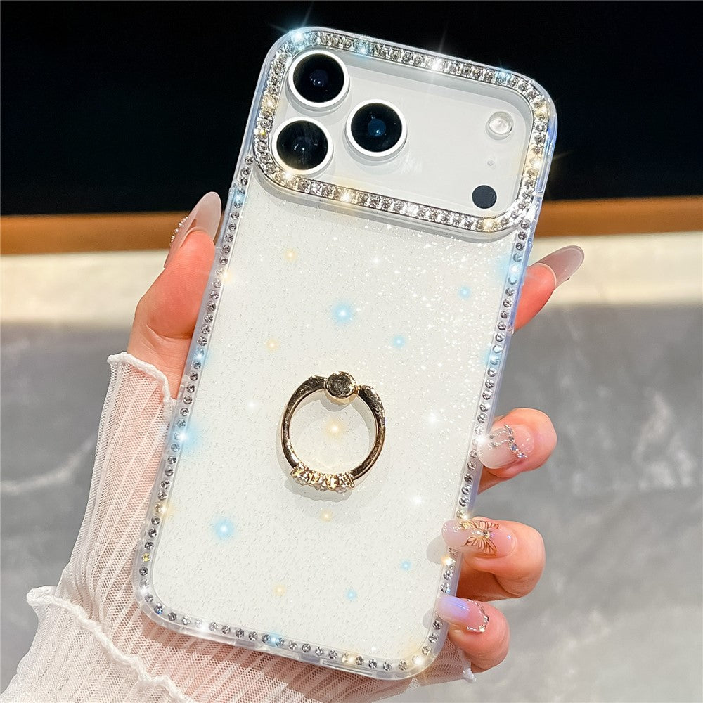 For iPhone 17 Pro Max Case with Ring Kickstand Rhinestone Edge TPU + PC IMD Phone Cover - Glitter White