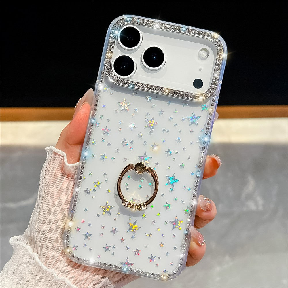 For iPhone 17 Pro Max Case with Ring Kickstand Rhinestone Edge TPU + PC IMD Phone Cover - Starry Transparent