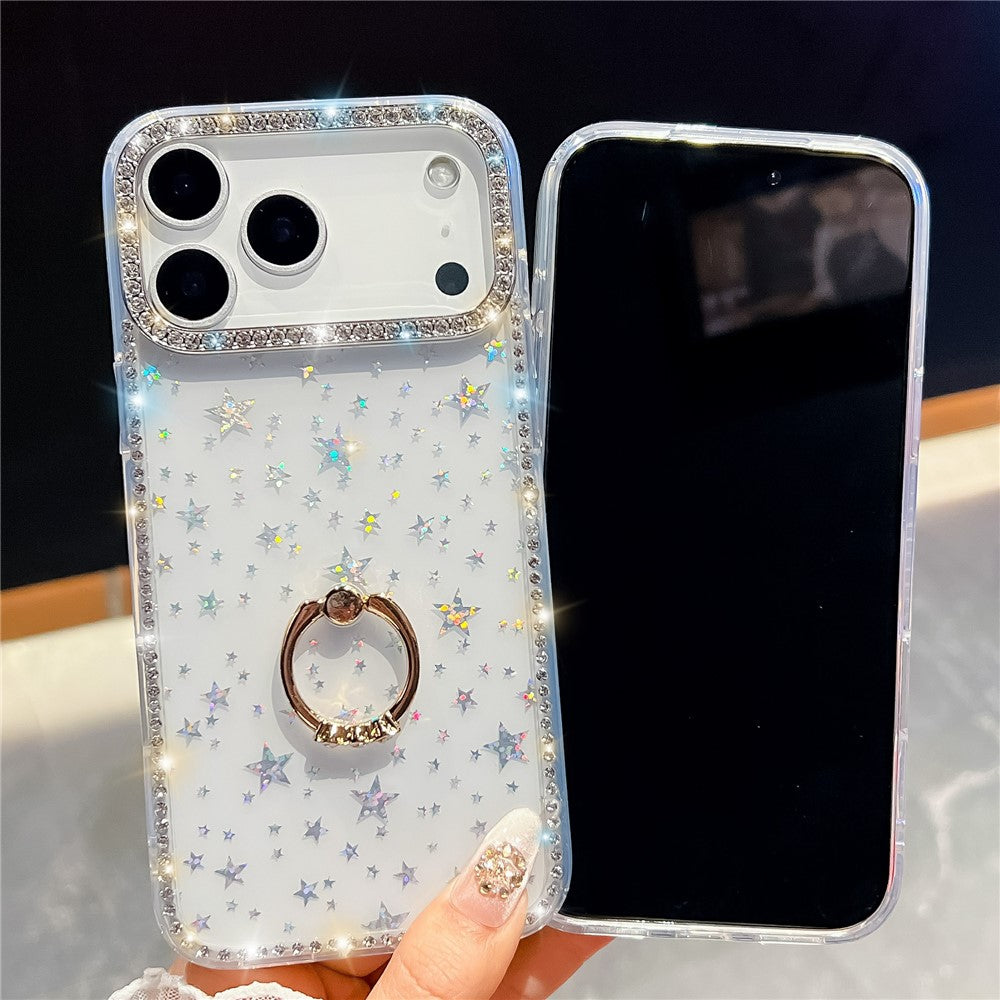 For iPhone 17 Pro Max Case with Ring Kickstand Rhinestone Edge TPU + PC IMD Phone Cover - Starry Transparent