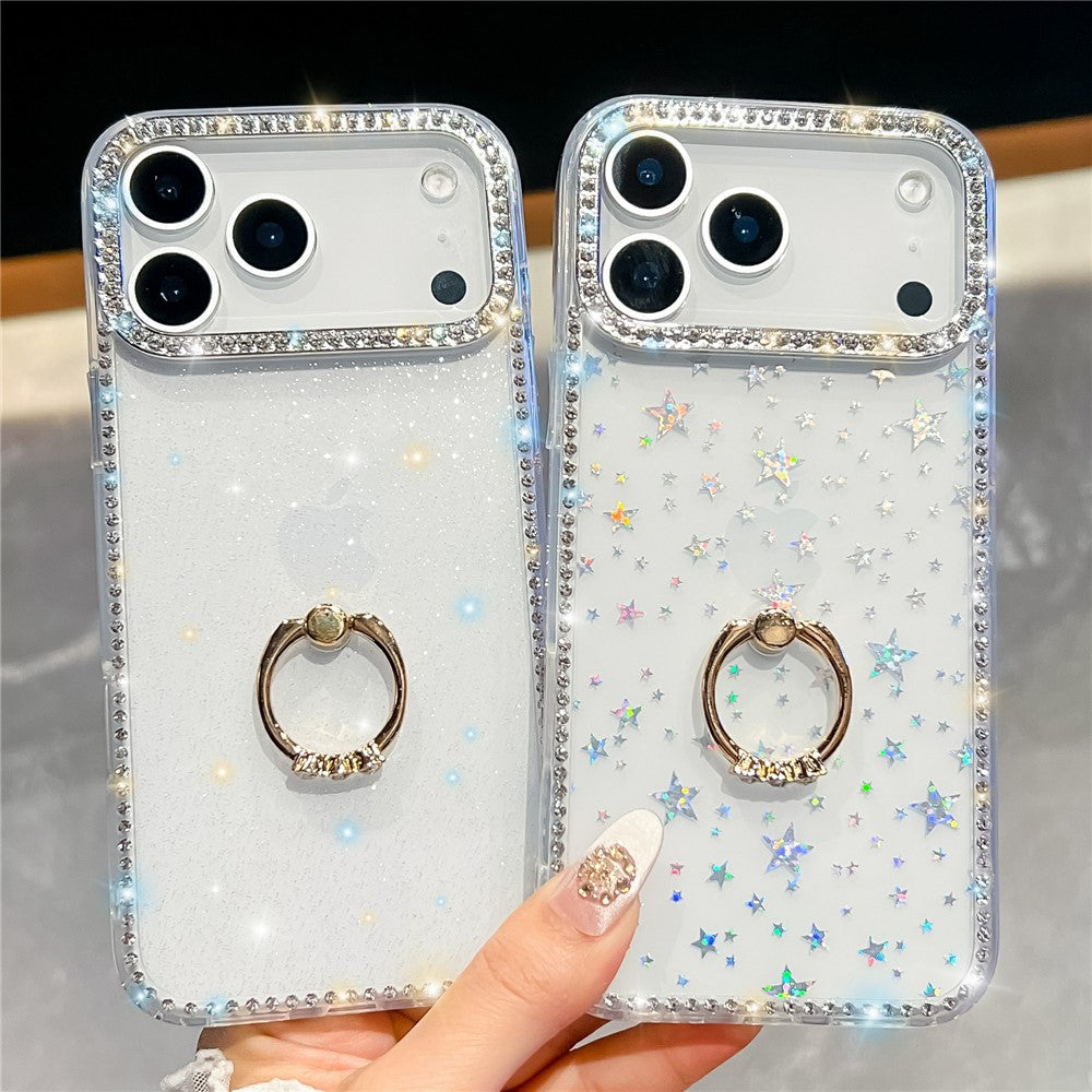 For iPhone 17 Pro Max Case with Ring Kickstand Rhinestone Edge TPU + PC IMD Phone Cover - Starry Transparent