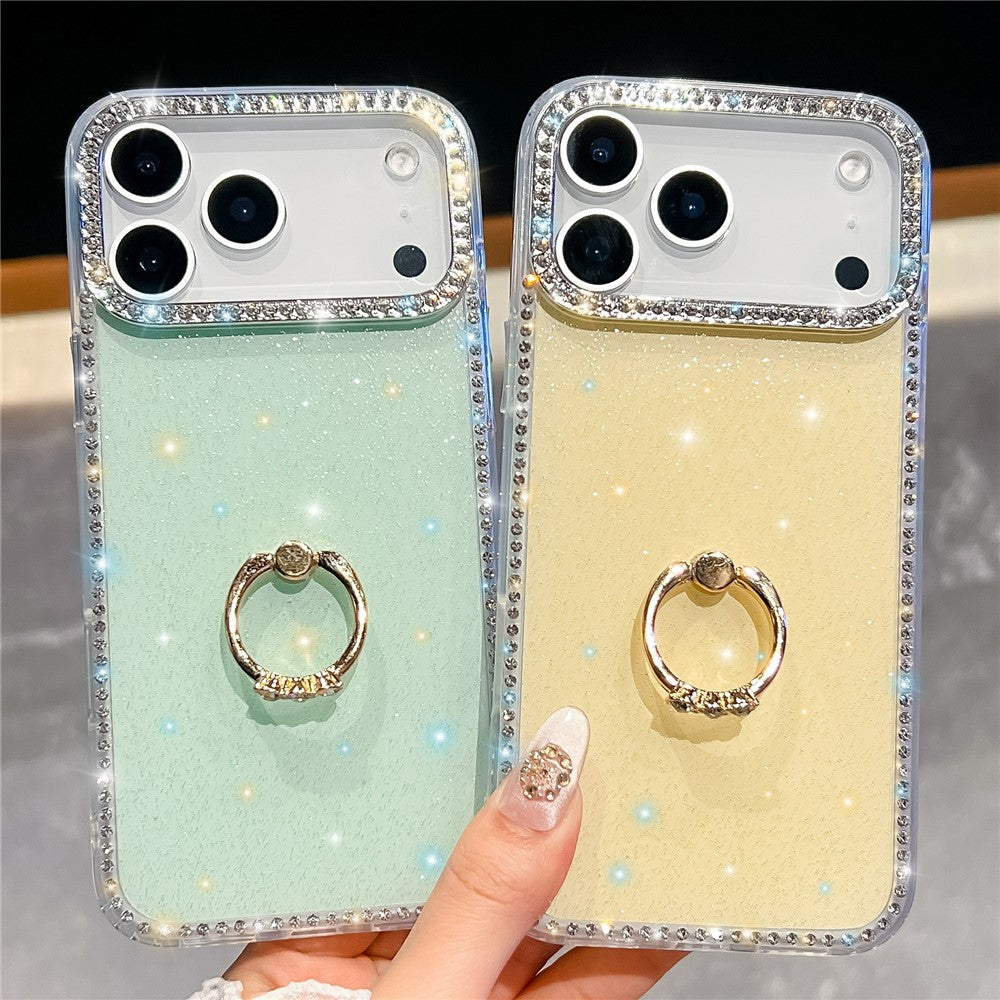 For iPhone 17 Pro Max Case with Ring Kickstand Rhinestone Edge TPU + PC IMD Phone Cover - Starry Transparent