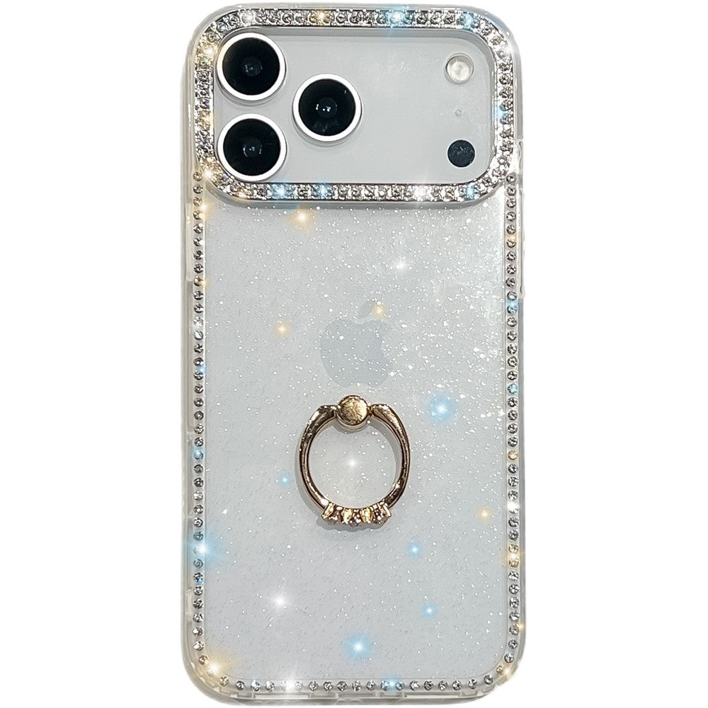 For iPhone 17 Pro Max Case with Ring Kickstand Rhinestone Edge TPU + PC IMD Phone Cover - Glitter Transparent