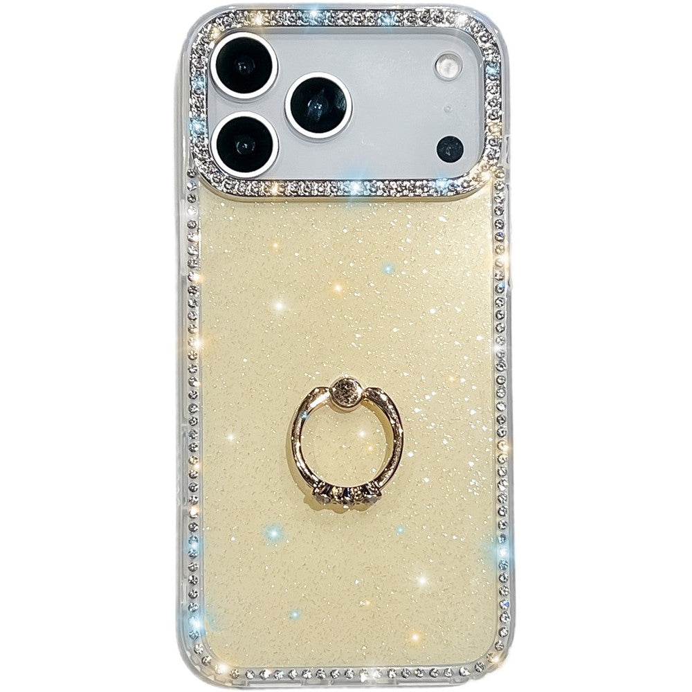 For iPhone 17 Pro Max Case with Ring Kickstand Rhinestone Edge TPU + PC IMD Phone Cover - Glitter Light Yellow