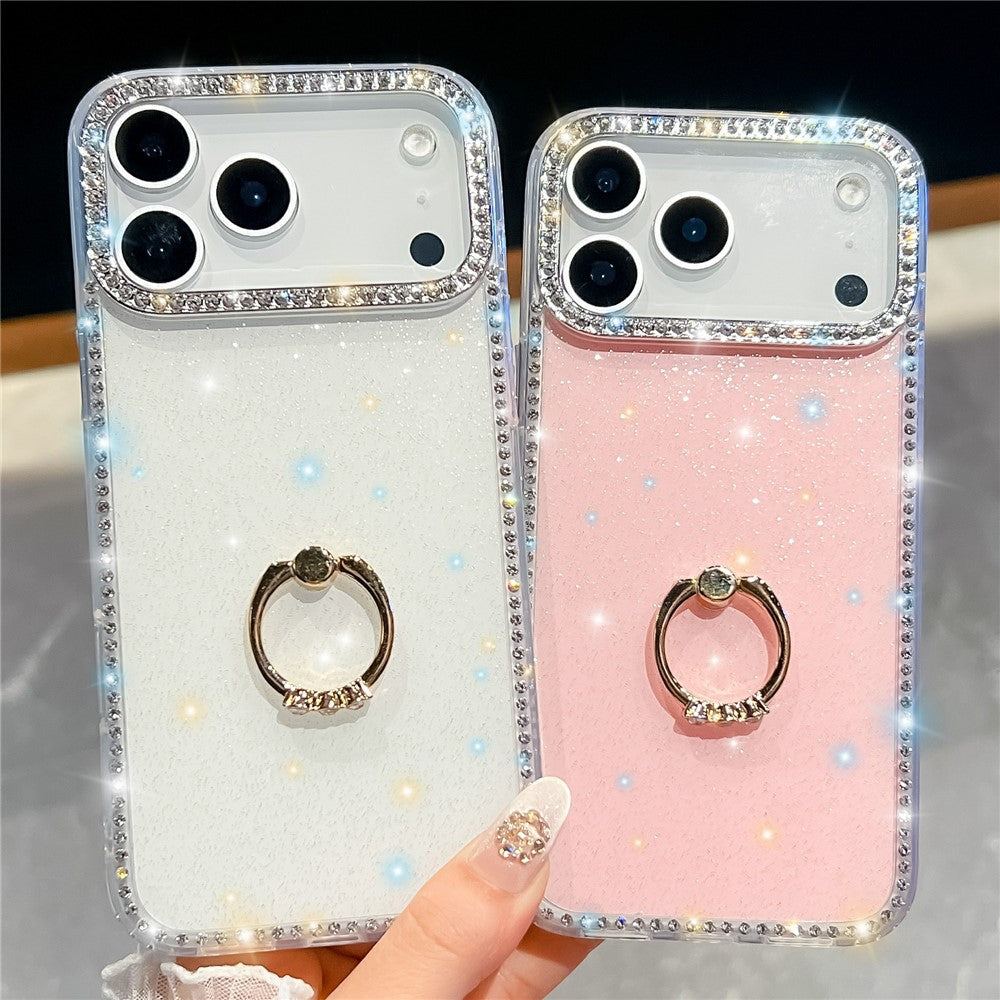 For iPhone 17 Pro Max Case with Ring Kickstand Rhinestone Edge TPU + PC IMD Phone Cover - Glitter Light Yellow