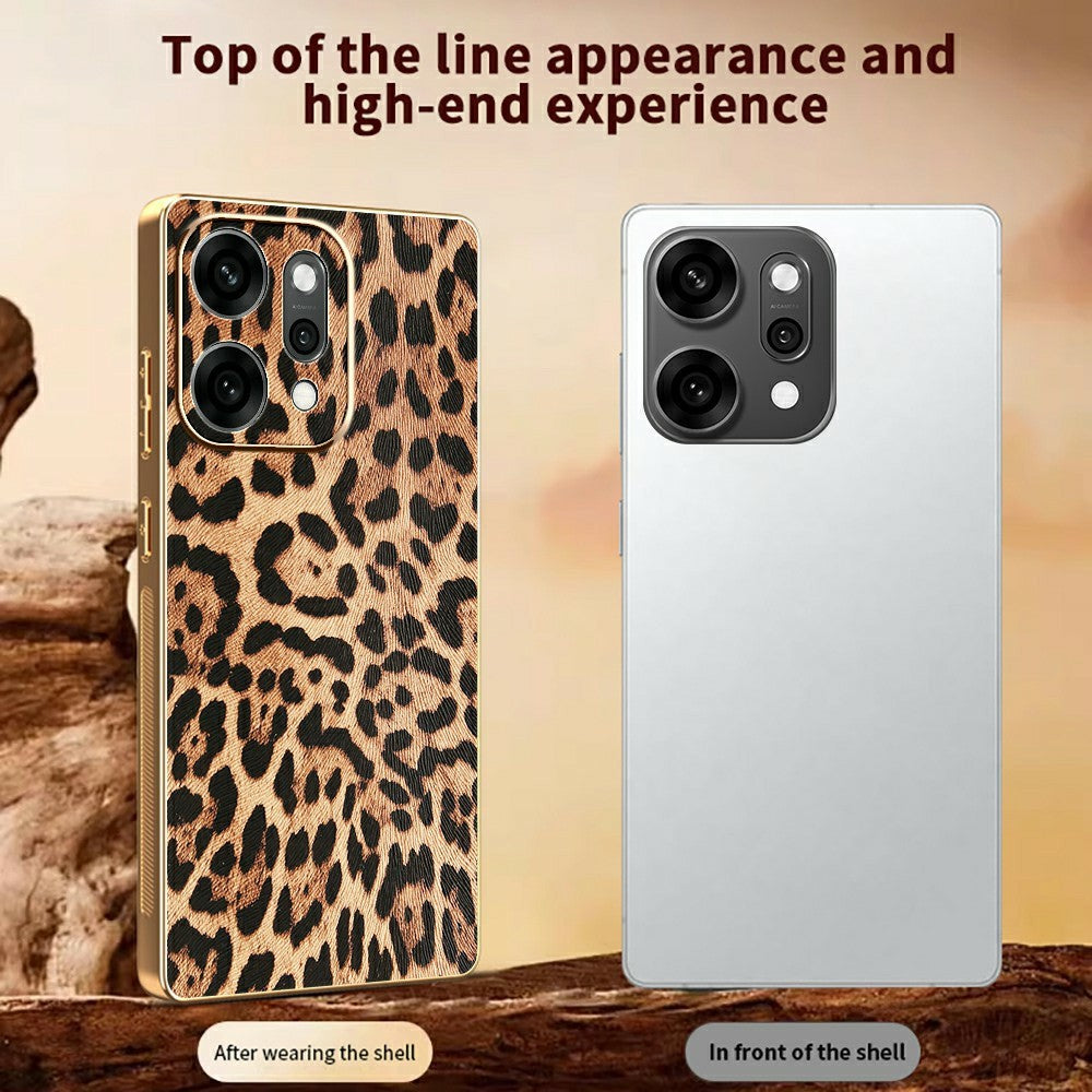 For Oppo Reno14 Pro 5G (Global) Case Leopard Print PU Leather Coated PC + TPU Electroplating Phone Cover