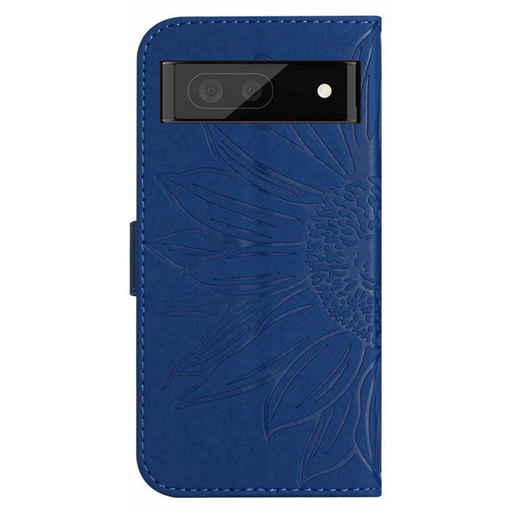 For Google Pixel 7 5G HT04 Imprinted Sunflower Anti-scratch Phone Case PU Leather Stand Wallet Skin-Touch Smartphone Cover with Hand Strap - Sapphire