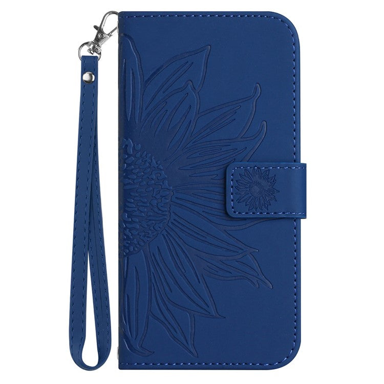For Google Pixel 7 5G HT04 Imprinted Sunflower Anti-scratch Phone Case PU Leather Stand Wallet Skin-Touch Smartphone Cover with Hand Strap - Sapphire