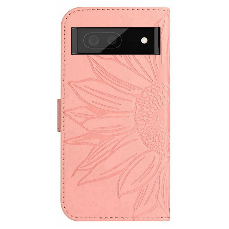 For Google Pixel 7 5G HT04 Imprinted Sunflower Anti-scratch Phone Case PU Leather Stand Wallet Skin-Touch Smartphone Cover with Hand Strap - Light Pink