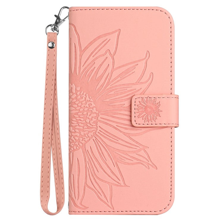 For Google Pixel 7 5G HT04 Imprinted Sunflower Anti-scratch Phone Case PU Leather Stand Wallet Skin-Touch Smartphone Cover with Hand Strap - Light Pink