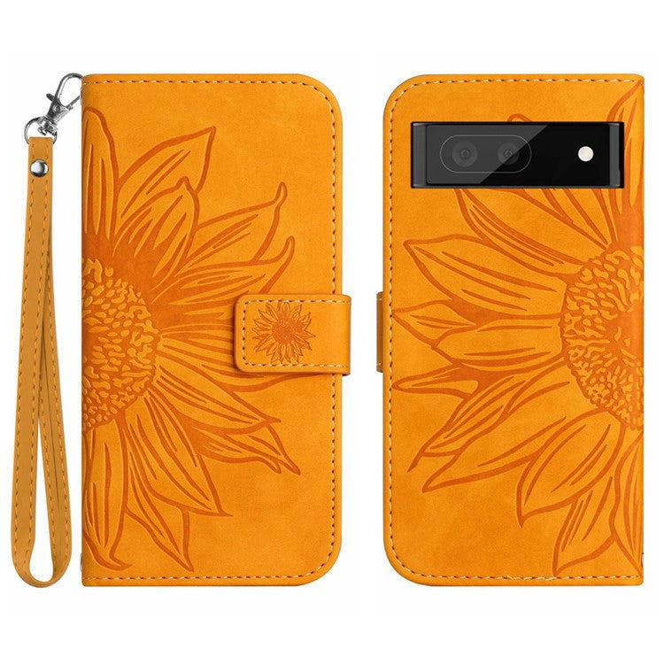 For Google Pixel 7 5G HT04 Imprinted Sunflower Anti-scratch Phone Case PU Leather Stand Wallet Skin-Touch Smartphone Cover with Hand Strap - Yellow
