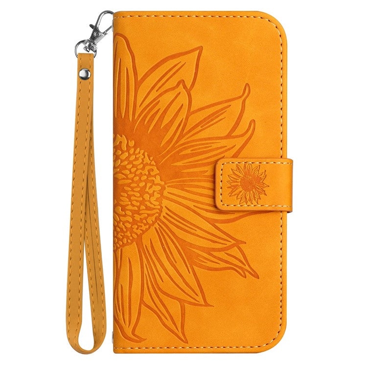 For Google Pixel 7 5G HT04 Imprinted Sunflower Anti-scratch Phone Case PU Leather Stand Wallet Skin-Touch Smartphone Cover with Hand Strap - Yellow