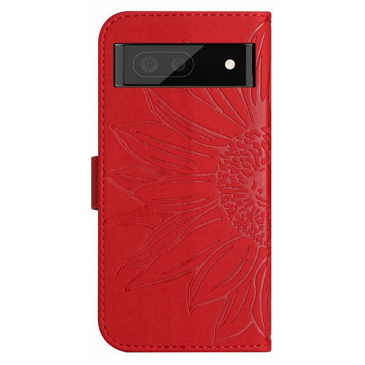 For Google Pixel 7 5G HT04 Imprinted Sunflower Anti-scratch Phone Case PU Leather Stand Wallet Skin-Touch Smartphone Cover with Hand Strap - Red
