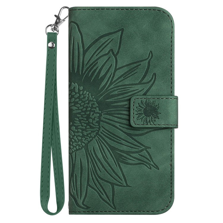 For Google Pixel 7 5G HT04 Imprinted Sunflower Anti-scratch Phone Case PU Leather Stand Wallet Skin-Touch Smartphone Cover with Hand Strap - Dark Green