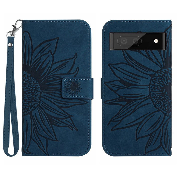 For Google Pixel 7 5G HT04 Imprinted Sunflower Anti-scratch Phone Case PU Leather Stand Wallet Skin-Touch Smartphone Cover with Hand Strap - Dark Blue